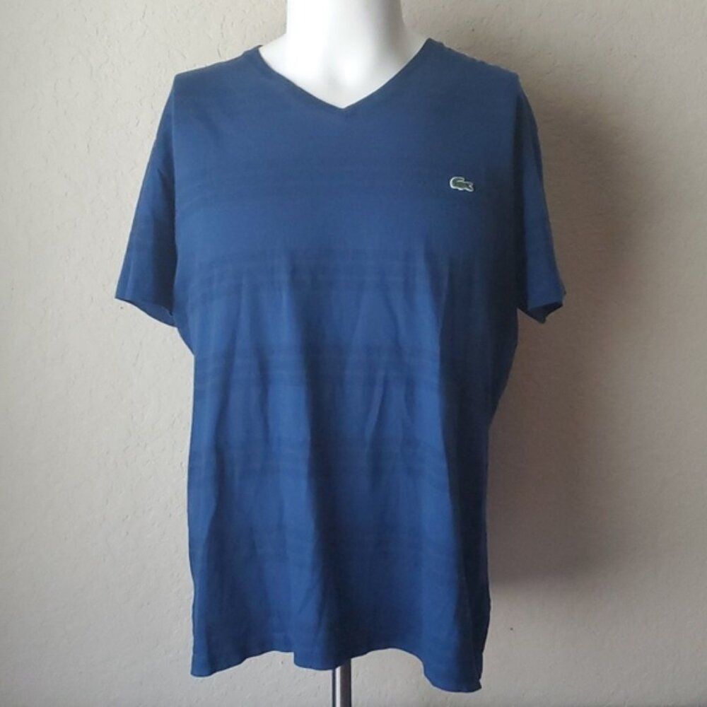 Lacoste Men's Slim Fit V-Neck T-Shirt Blue Striped Size 7 2XL Short Sleeve